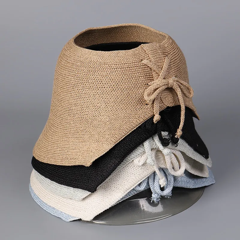 Women Empty Top Sun Visor Hat Wide Brim Paper Cotton Polyester Knit Breathable Foldable Bow Decor Summer Korean Style