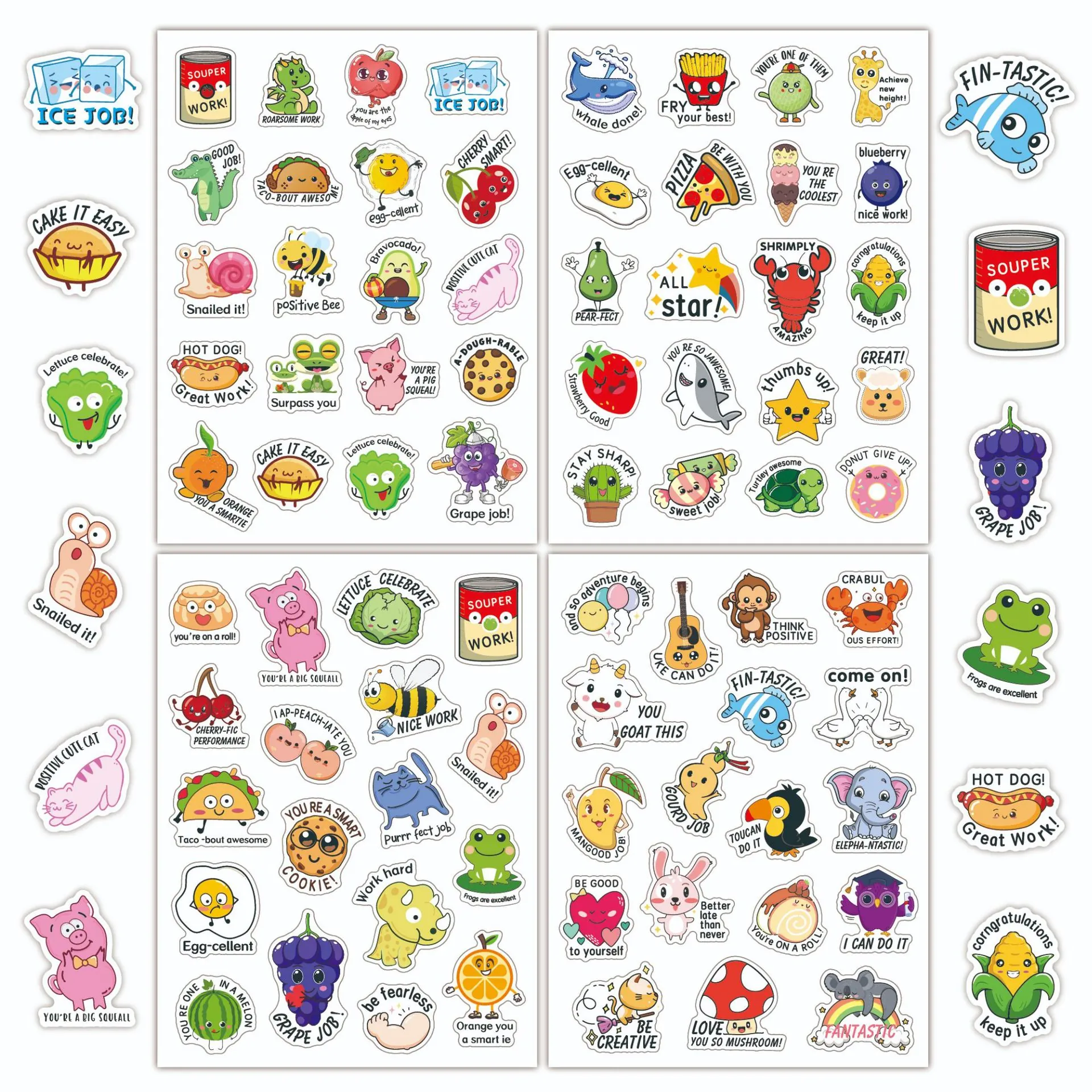 Cartoon Reward Stickers Sheet Motivational English Puns Animal Fruit Food Waterproof For Teacher School Scrapbook Planner Decorative