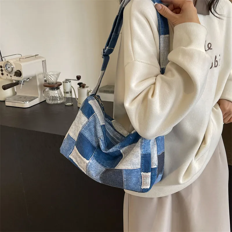 Sac À Épaule En Jean Patchwork Rétro Bloc De Couleur Fourre-Tout Grande Capacité Décontracté Pour Femmes