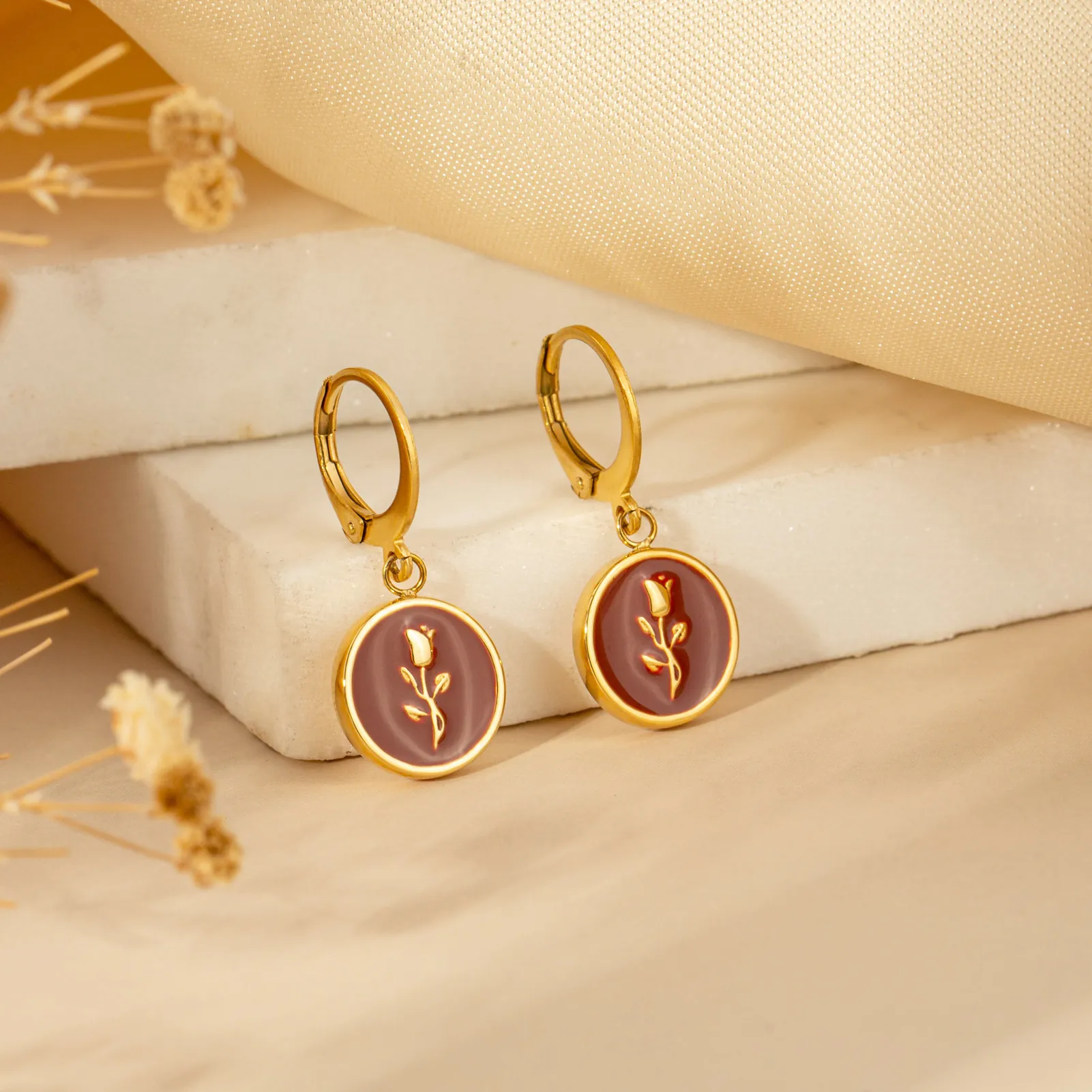 French Vintage Stainless Steel Rose Flower Pendant Drop Earrings 18K Gold Plated Red Enamel Earrings For Women Jewelry