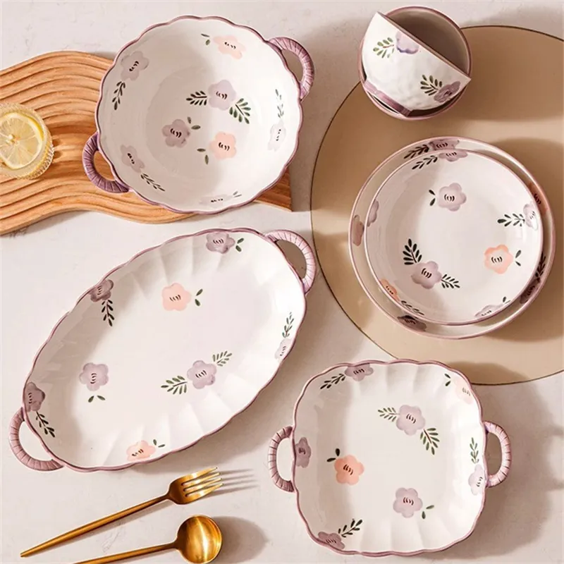 Japanese Ceramic Dinnerware Purple Floral Underglaze Scalloped Edge Microwave Safe Bowl Plate Spoon Collection For Dining