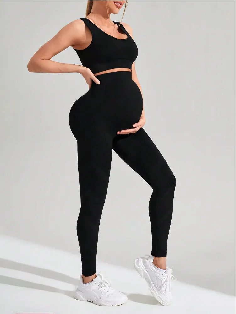 Nahtloses Strick Umstands Yoga Bra Und Hose Hohe Taille Bauchstütze Fitness Sport Kleidung Für Schwangere