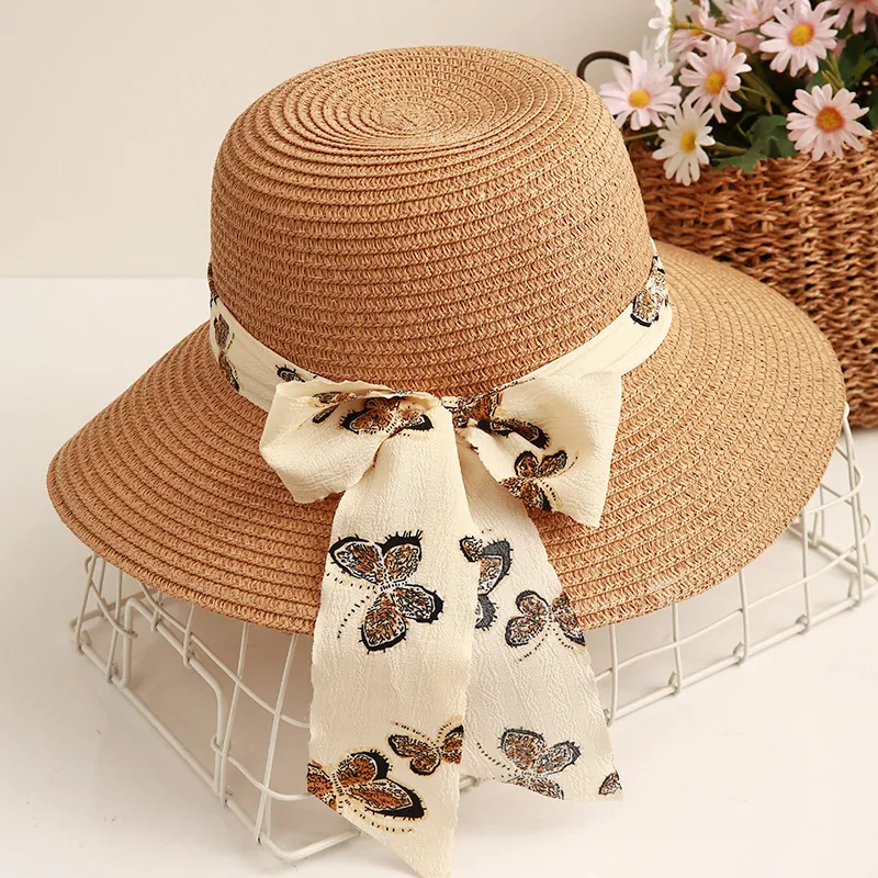 Damen Stroh Sonnenhut Breite Krempe Strand Fischerhut Mit Schmetterlingsdruck Band Schleife Sommer Outdoor Atmungsaktiv Süß