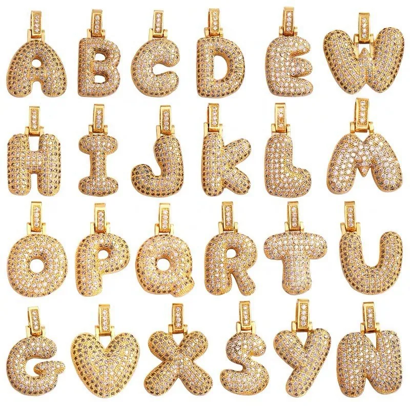 Iced Out Bubble Initial Letter Pendant Necklace Alloy Zircon Gold Tone Hip Hop Fashion Jewelry For Women