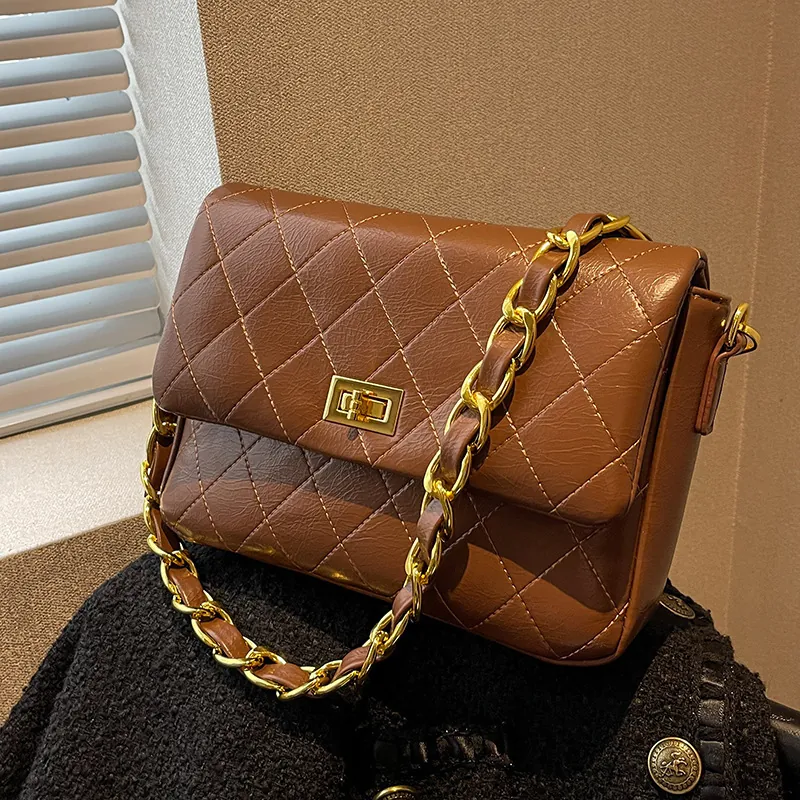 Women Quilted Rhombus Shoulder Bag PU Leather Golden Chain Strap Flip Square Crossbody Bag Vintage Elegant Daily Fashion