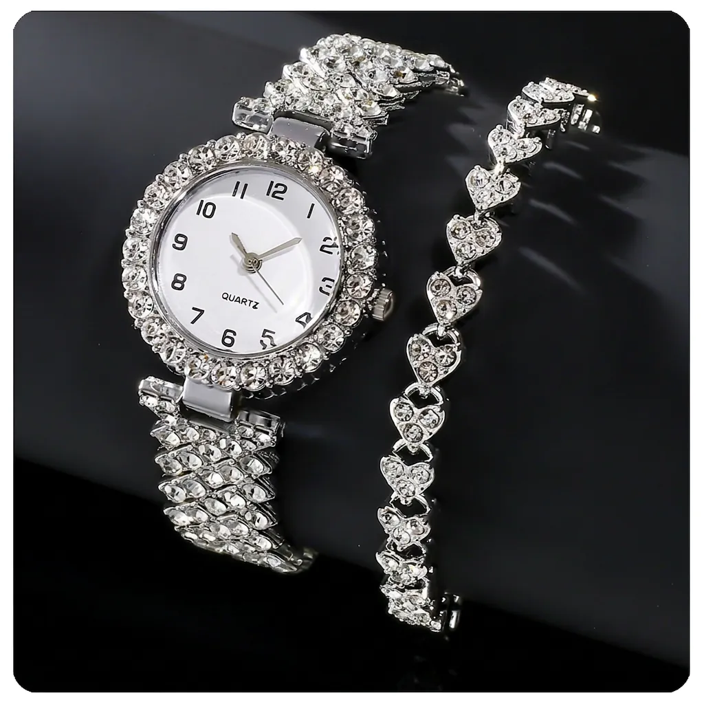 Women Fashion Quartz Watch Heart Bracelet Alloy Rhinestone Analog Dress Wristwatch For Lady Gift Elegant Jewelry Accessory