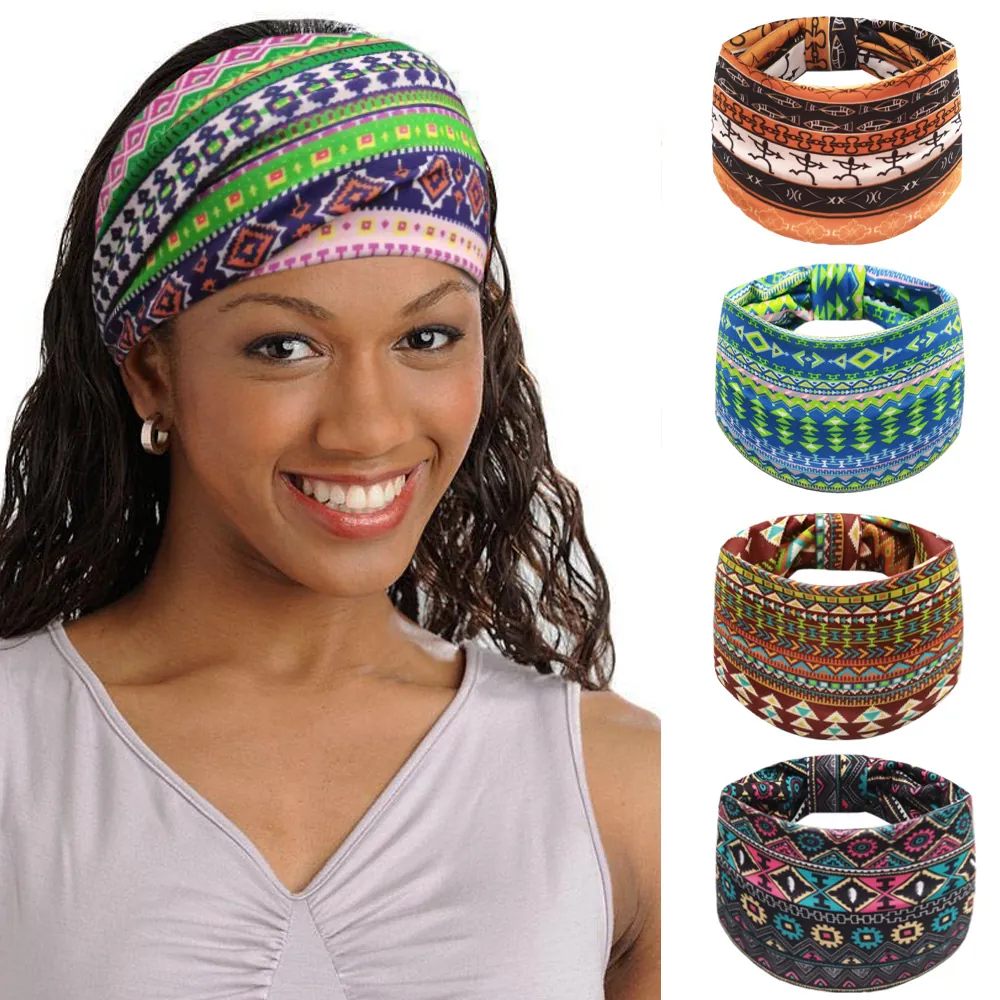 Wide Elastic Headbands Bohemian Ethnic Print Fabric Hair Bands For Women Sports Yoga African Style Headwrap