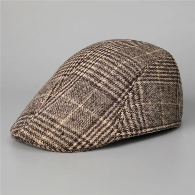 Men Retro Plaid Flat Cap Woolen Warm Ivy Cap British Newsboy Hat Vintage Winter Fall Windproof Outdoor Headwear