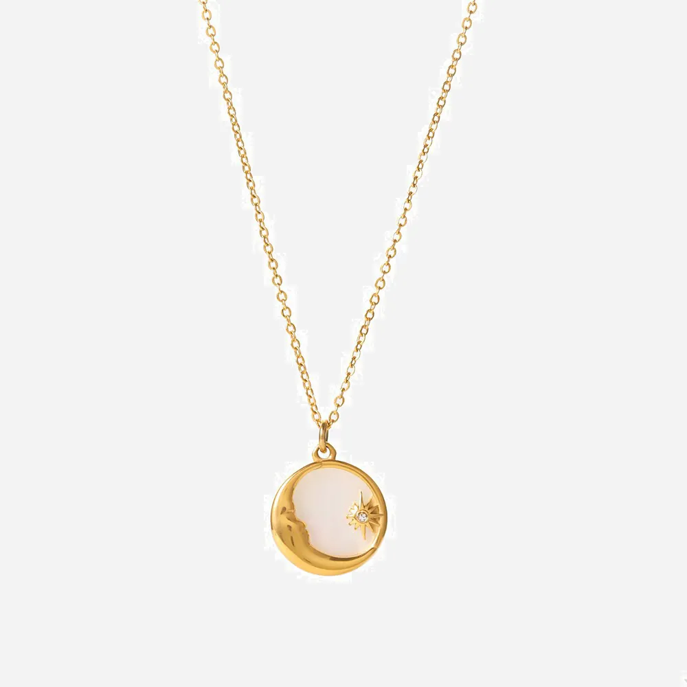 Collier Vintage Français Pour Femmes Acier Inoxydable Plaqué Or 18K Nacre Blanche Pendentif Rond Lune Étoile Zircon