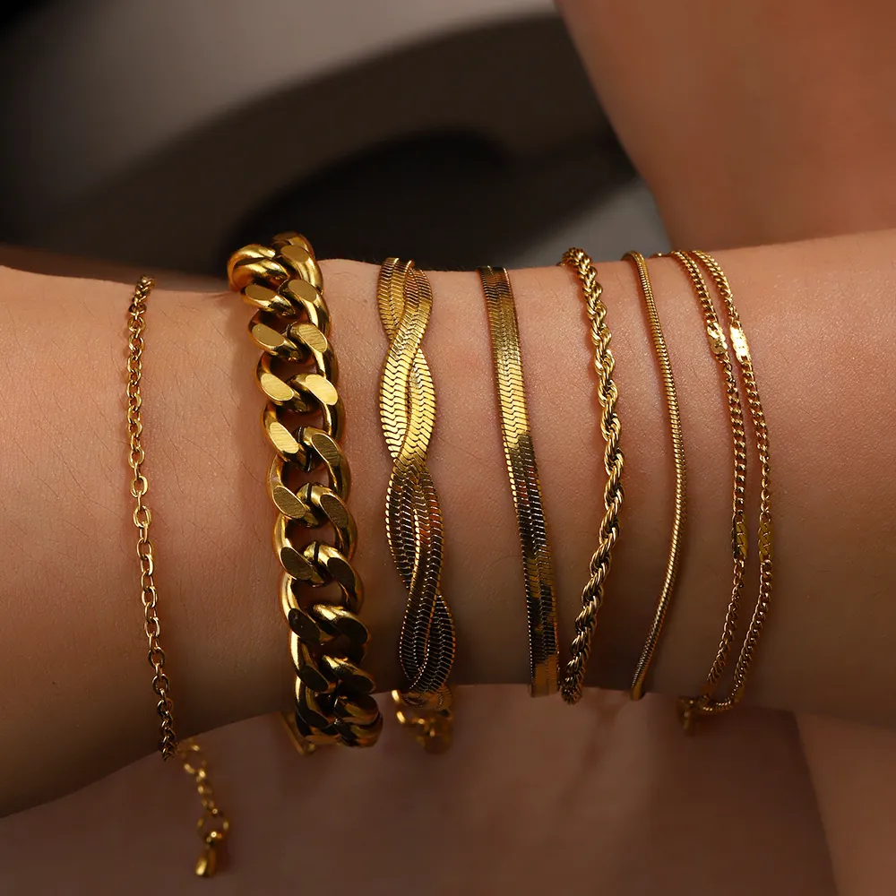 Stainless Steel Bracelet For Women 18K Gold Plated Cuban Link Snake Chain Herringbone Rope Stackable Minimalist Jewelry