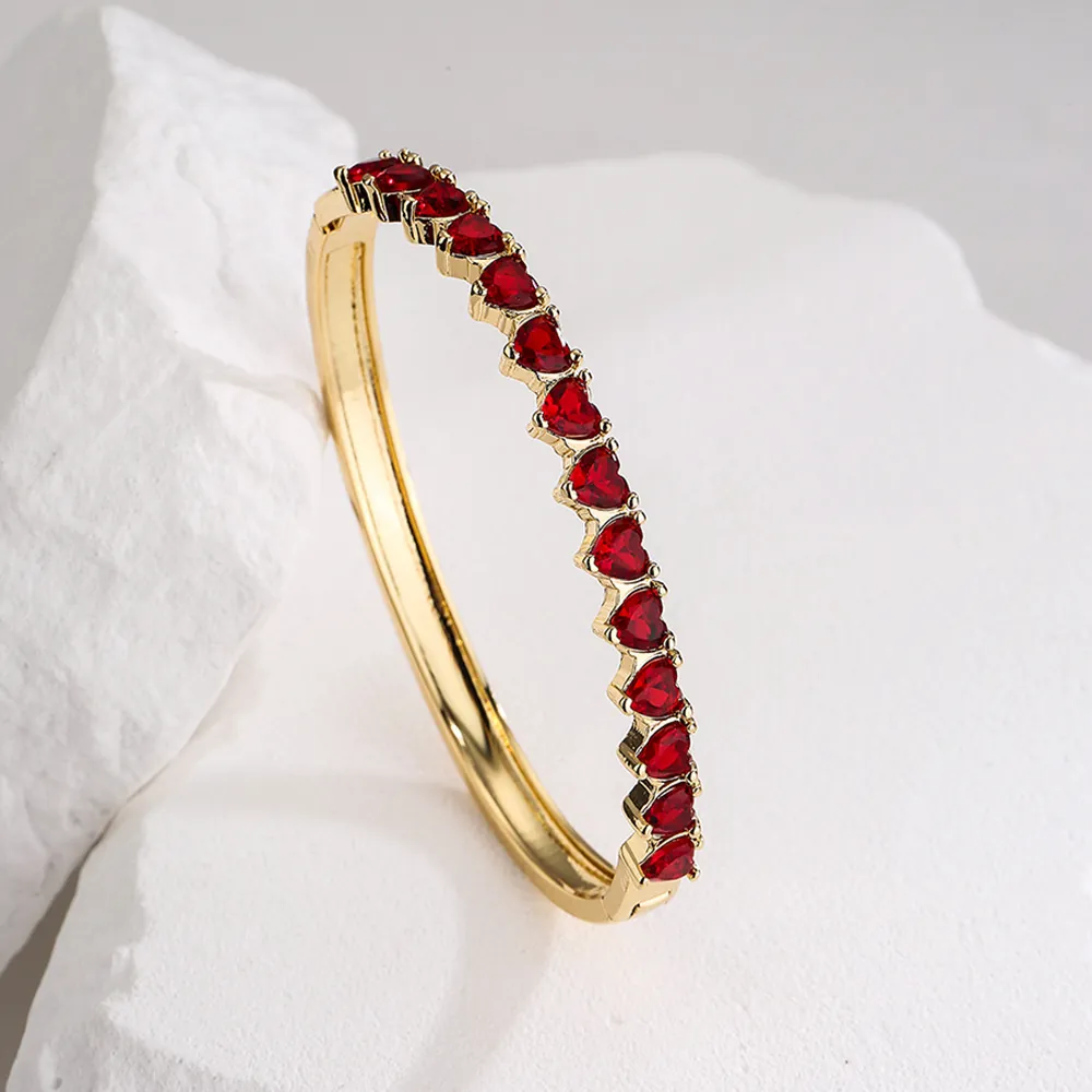 Heart Shaped Zircon Bangle Bracelet Copper 18K Gold Plated Colorful Gemstone Elegant Hinged Hand Jewelry For Women INS