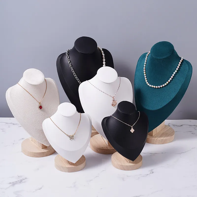 Necklace Display Stand Wood Base Velvet Jewelry Bust Portrait Neck Mannequin Professional Pendant Holder Organizer