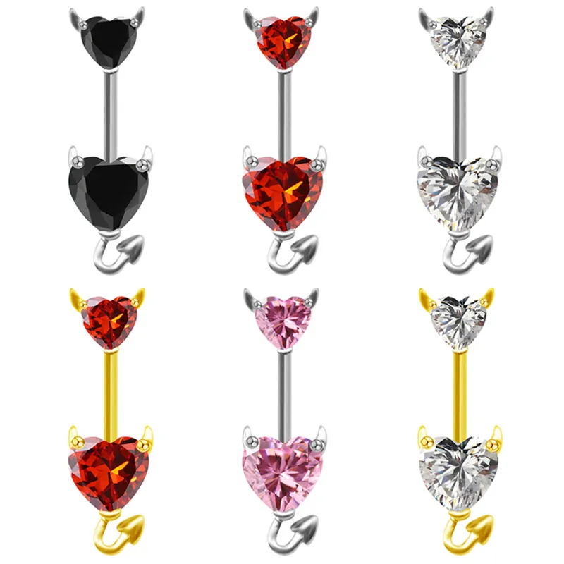 Piercing Nombril Coeur Diable Cornes Démon Queue Zircone Incrusté Acier Inoxydable 316L Bijoux De Corps Pour Femmes