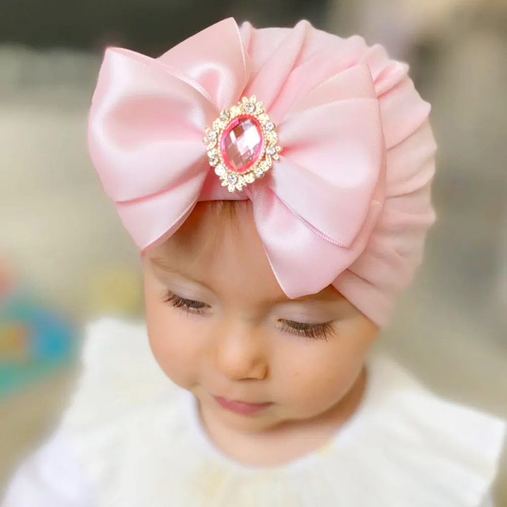 Baby Turban Hat Cotton Blend Knitted Beanie With Large Satin Bow Rhinestone Gemstone For Newborn Infant Toddler Girls