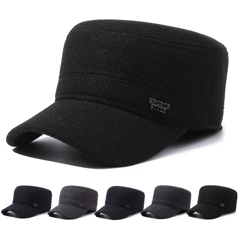 Men Winter Flat Top Cadet Hat Wool Blend Warm Ear Protection Adjustable Military Style Casual Cap