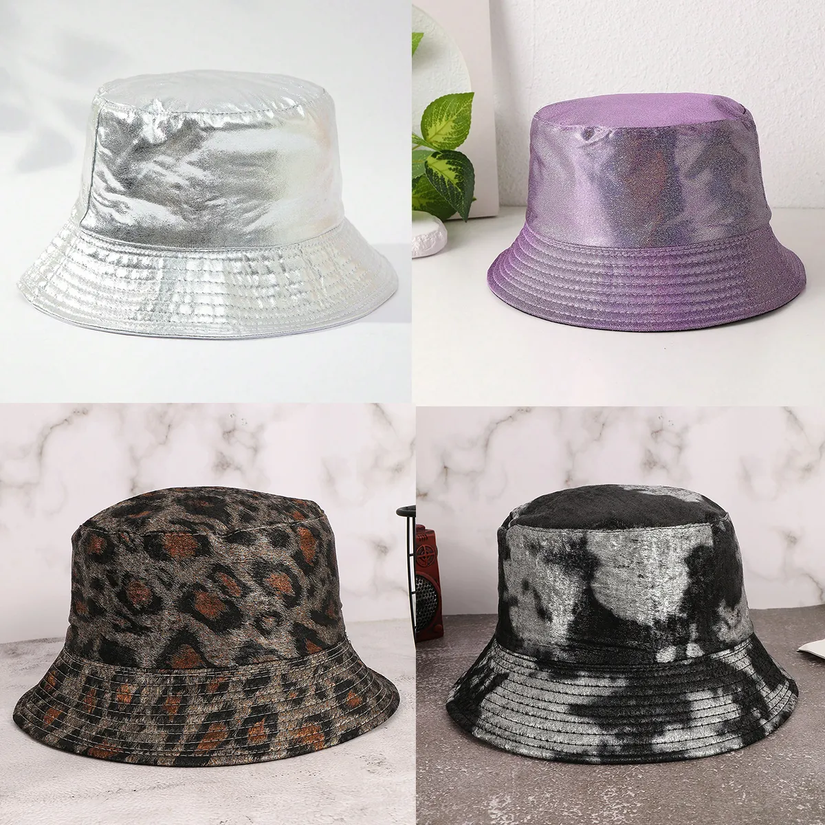 Fashion Women PU Leather Bucket Hat Metallic Rainbow Leopard Print Tie-Dye Retro British Style Laser Sun Protection Sun Hat