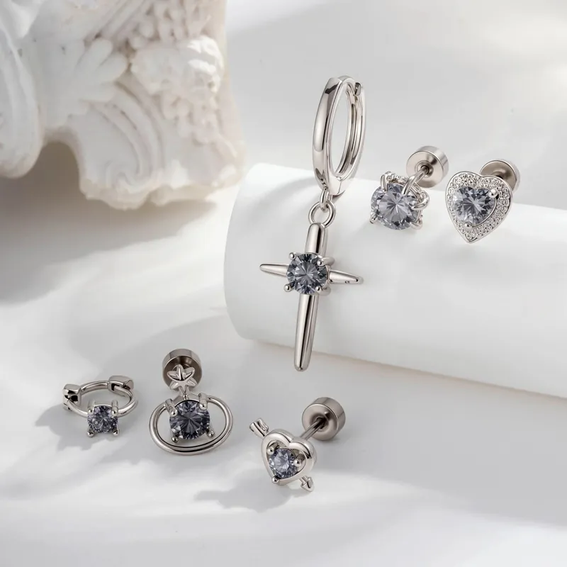 Titanium Steel Grey Zircon Ear Piercing Studs Dragon Claw Saturn Heart Cross Screw Back Gothic Punk Earrings Unisex