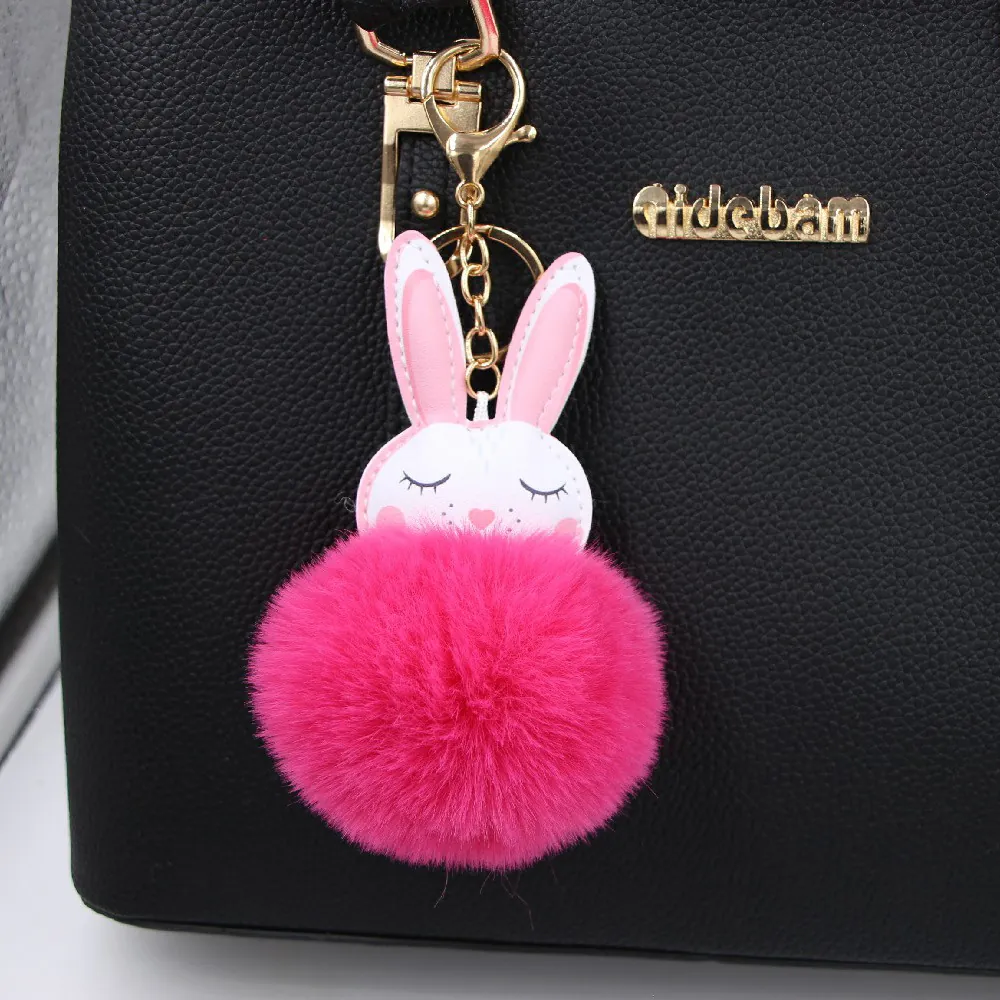Simpatico Coniglio Cartone Animato Portachiavi Palla Di Peluche Ecopelliccia E Pelle PU Lega Ciondolo Borsa Soffice Anello Auto