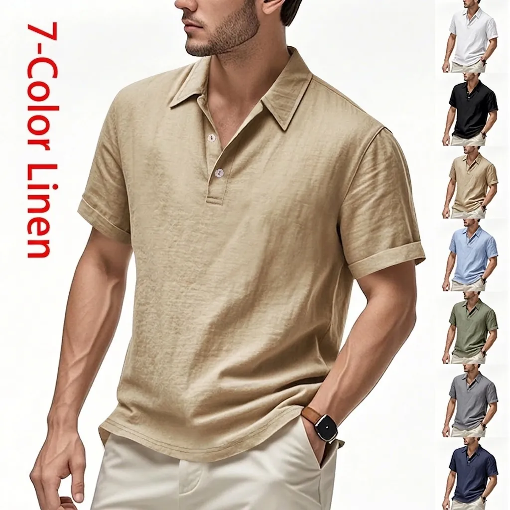 Polo en Lin à Manches Courtes pour Hommes Respirant Léger Décontracté Style Britannique Couleur Unie Top de Plage