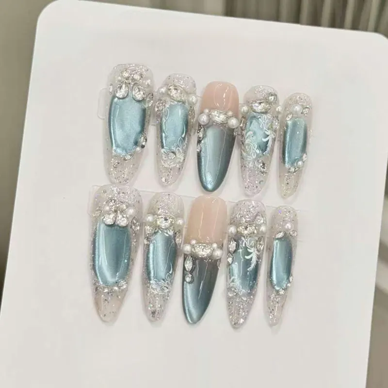 Long Almond Press On Nails Ice Blue Cat Eye Design With Artificial Pearls And Floral Patterns Elegant French Style Handmade