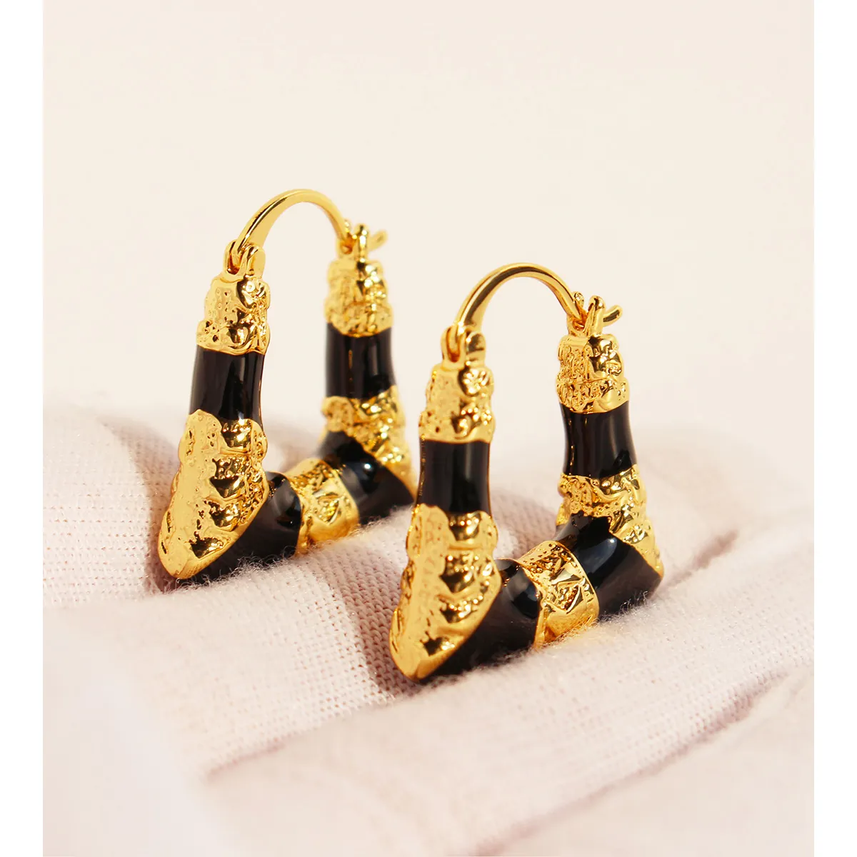 Geometric Triangle Earrings Brass Black Enamel Bamboo Texture Vintage Egyptian Style Retro For Women