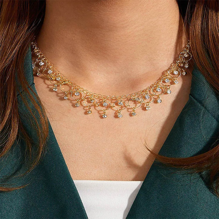 Fashion Alloy Rhinestone Water Drop Tassel Necklace For Women Individual Geometric Multi Layer Choker Clavicle Chain Jewelry