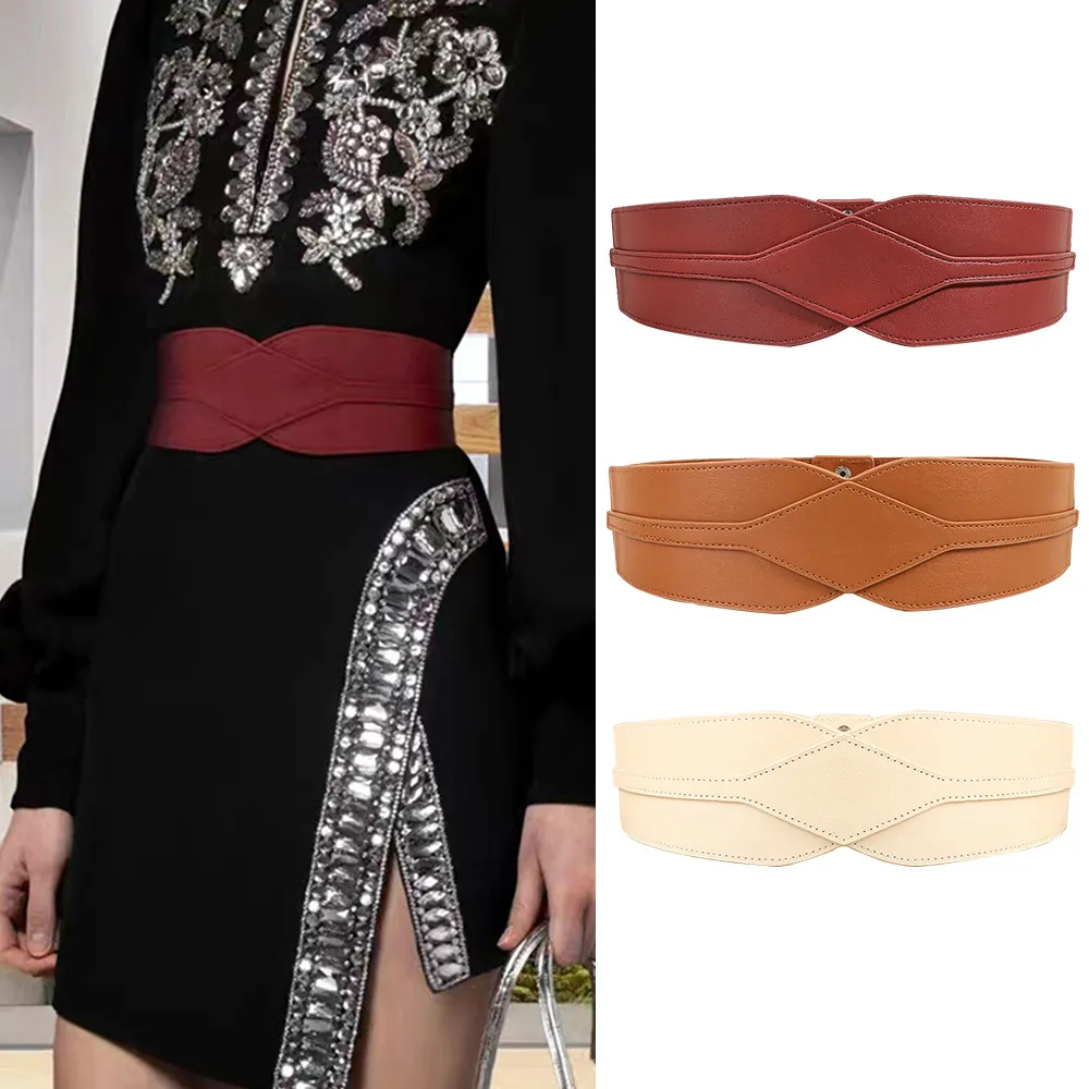 Women Wide Elastic Corset Belt Fashion Faux Leather Waist Cinch Belt For Coats Dresses Black Red Camel Coffee Beige