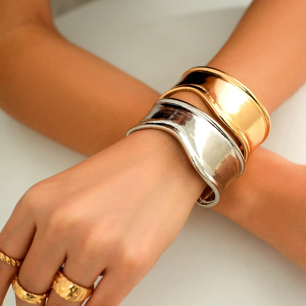 Wide Cuff Bracelet Polished Metal Geometric Irregular Wavy Bangle For Women Hip Hop Punk Style Minimalist Accessory