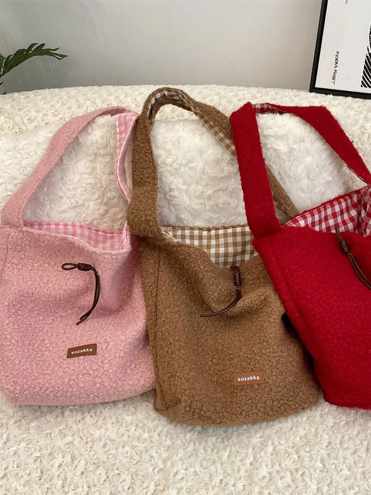 Bolso Tote De Peluche Reversible Forro Polar Teddy Hombro Bandolera Gran Capacidad Forro A Cuδros Otoño Invierno