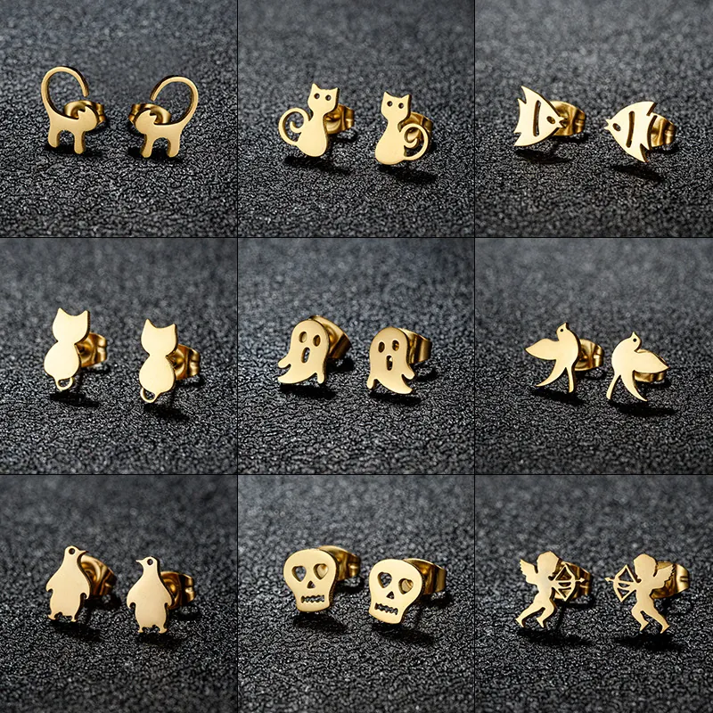 Stainless Steel Stud Earrings Cute Animal Cat Bird Ghost Skull Cupid Minimalist Gothic Fashion Jewelry For Women