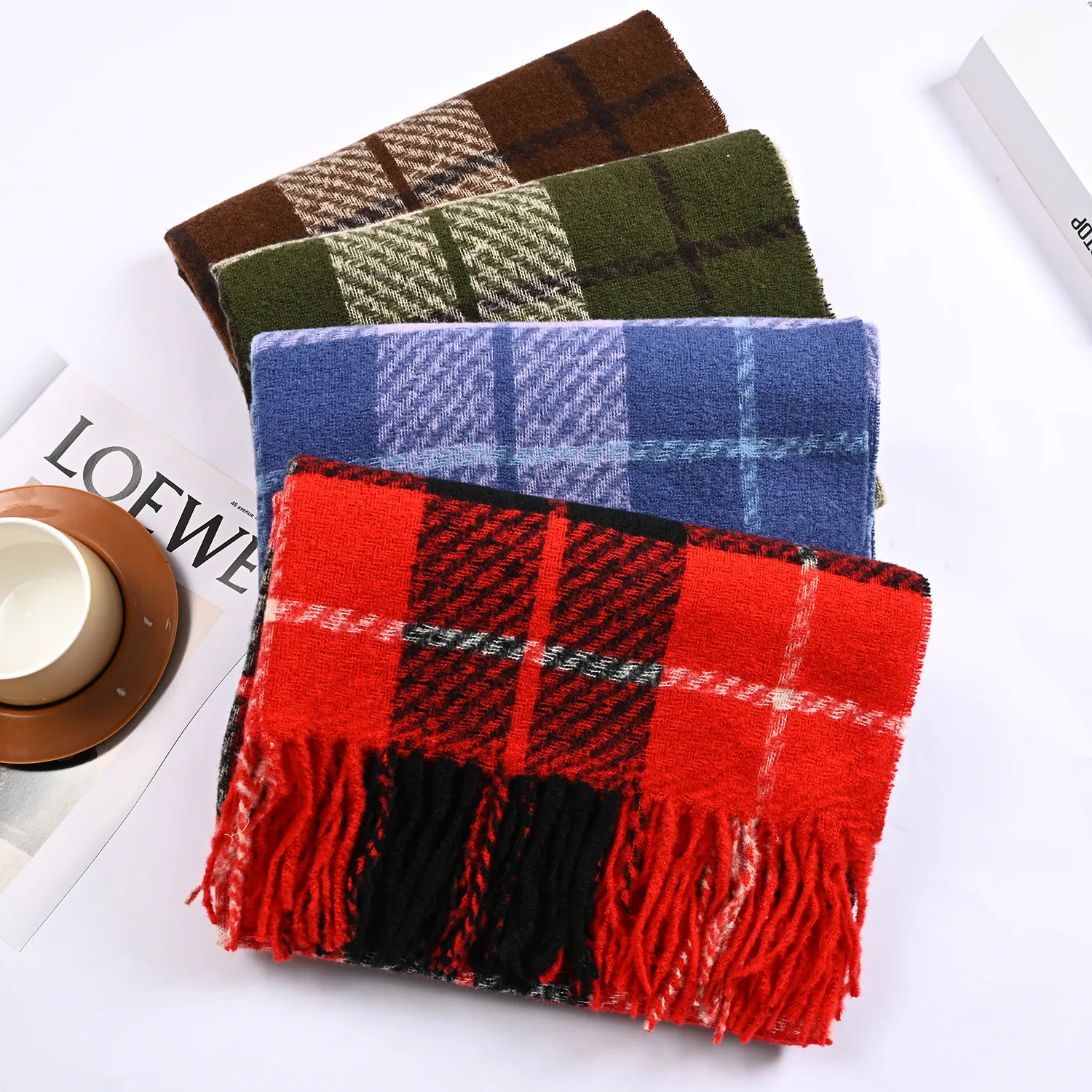 Winter Plaid Scarf Faux Cashmere Boucle Yarn Warm Large Shawl With Tassels Unisex Elegant Versatile