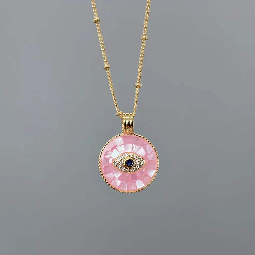 Evil Eye Pendant Necklace Copper 18K Gold Plated Mother Of Artificial Pearl Cubic Zirconia Jewelry For Women