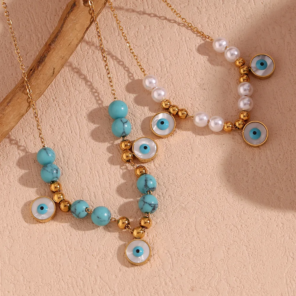 Evil Eye Round Pendant Necklace 18K Gold Plated Stainless Steel Faux Artificial Pearl Turquoise Beads French Retro Fashion Women Jewelry