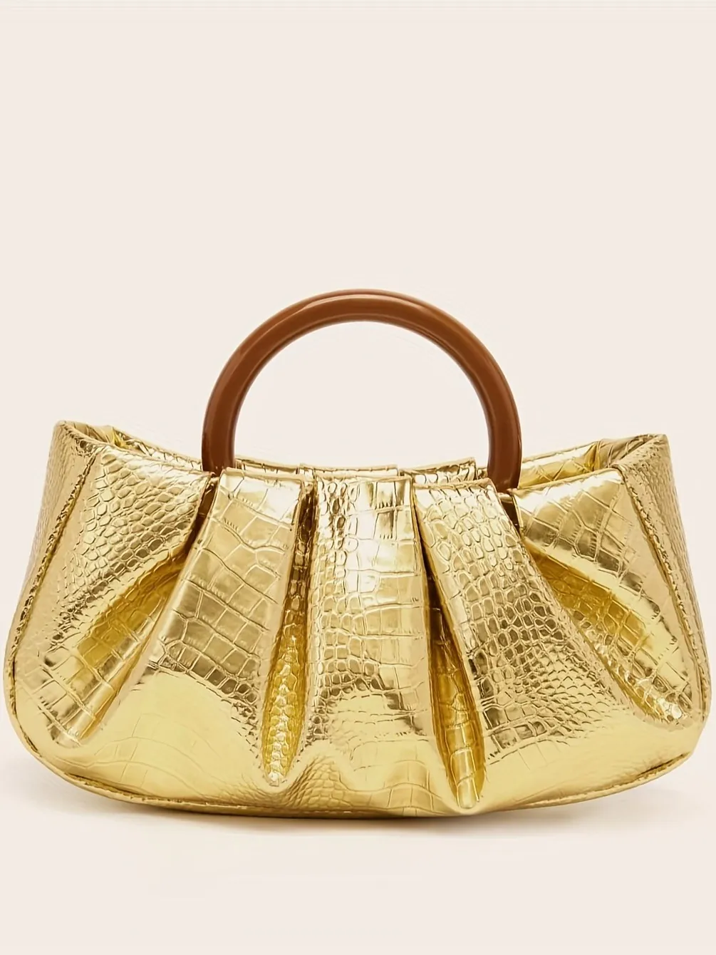 Women Pleated Cloud Evening Bag PU Leather With Resin Ring Handle Retro Trendy Handbag Magnetic Closure Elegant Party Handbag