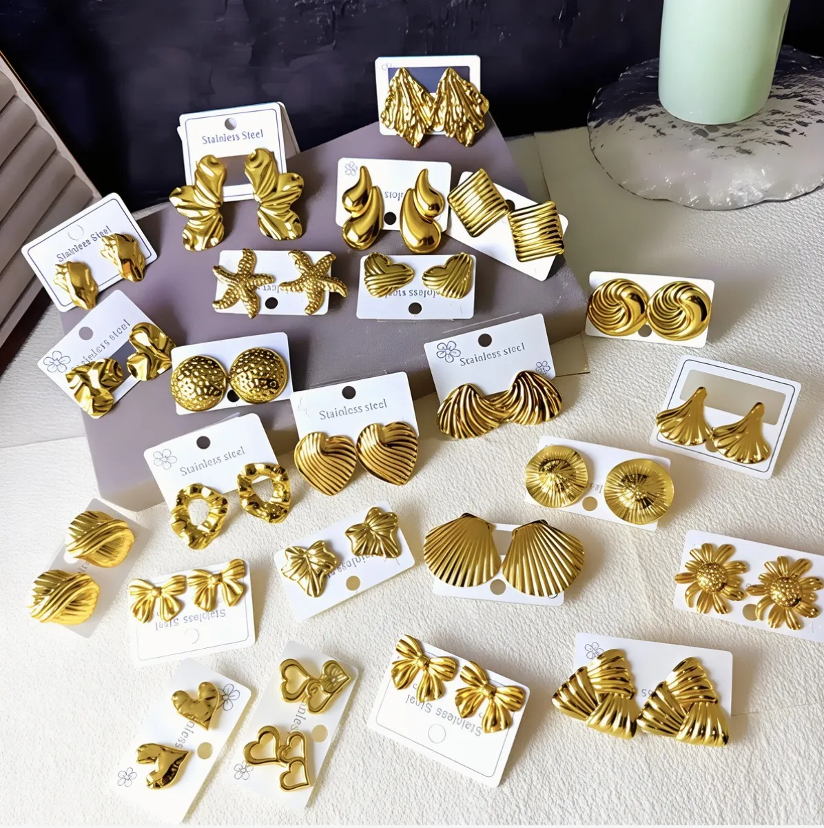 18K Vergoldet Edelstahl Ohrstecker Für Damen 925 Sterlingsilber Stift Geometrisch Herz Muschel Blumen Punk Schmuck