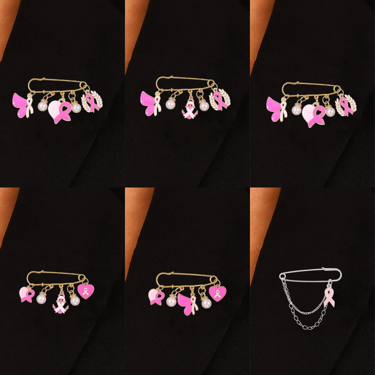 Broche en Alliage Ruban Rose Sensibilisation Cancer du Sein pour Femmes Charité Cœur Fausse Künstliche Perle Émail Épingle Bijoux