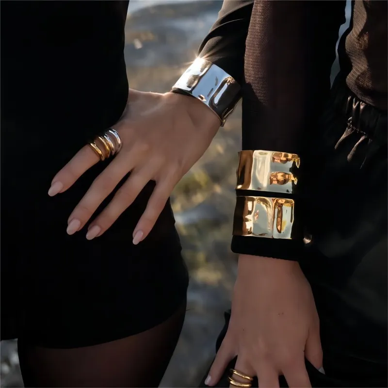 Wide Cuff Bracelet For Women Metal Hammered Texture Irregular Open Bangle Punk Rock Style Fashion Statement Jewelry