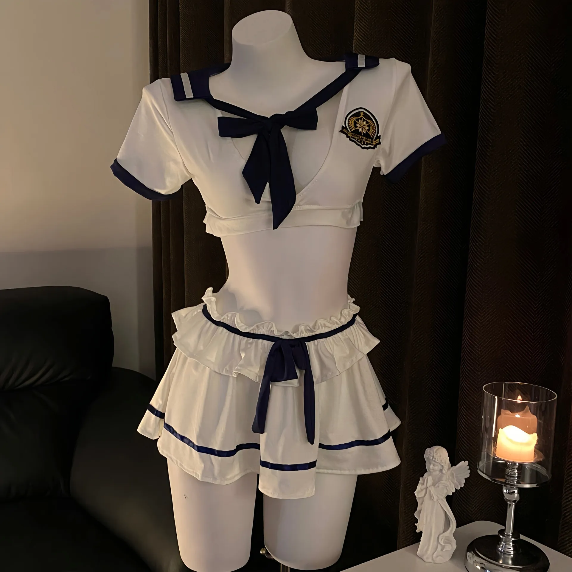 Sailor Cosplay Lingerie Uniform White Navy Short Top Pleated Skirt And Thong Embroidery Bow Style For Role Play