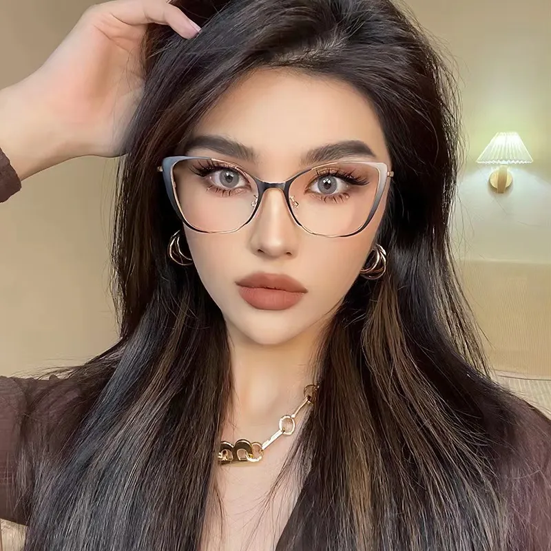 Fashion Cat Eye Optical Glasses Frames For Women Anti Blue Light Metal PC Trendy Retro Decorative Clear Lens Eyewear
