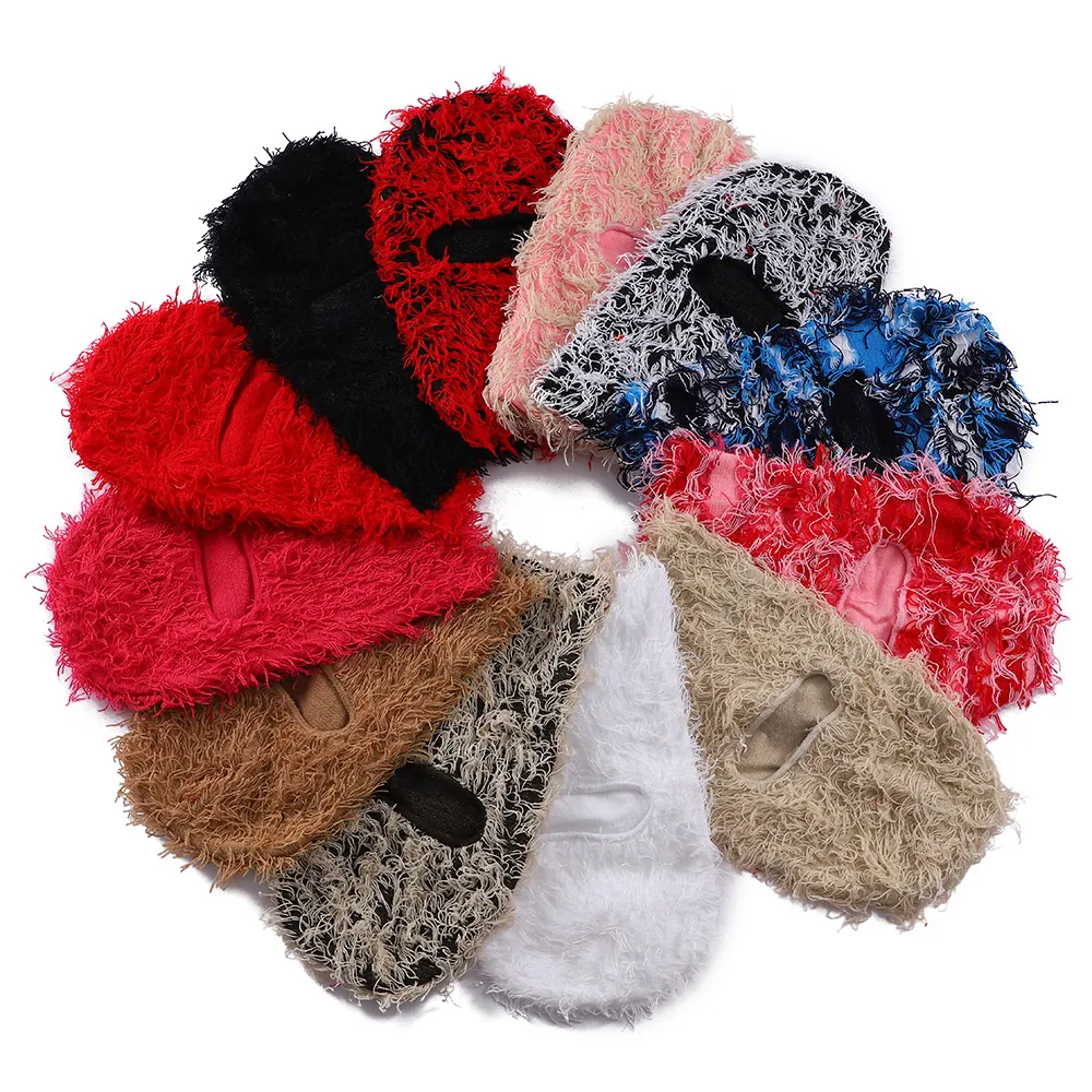 Plüsch Sturmhaube Gesichtsmaske Kunstpelz Strick Skimaske Distressed Fransen Einloch Thermisch Winddicht Winter Outdoor Unisex