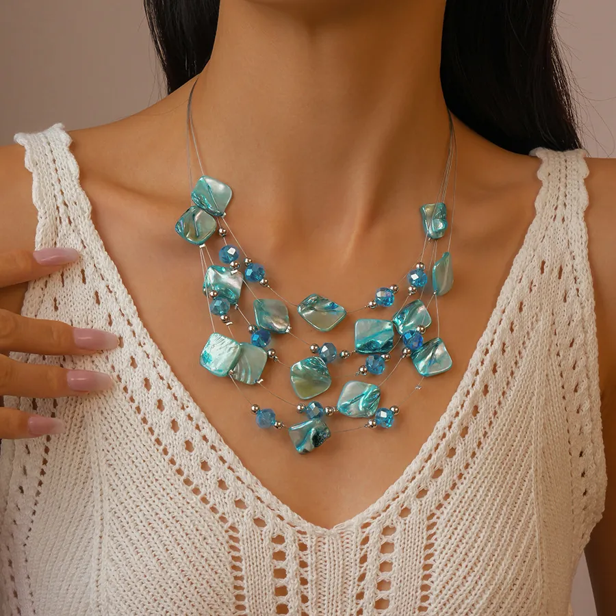 Multi-Layer Necklace With Irregular Shell Pieces And Crystal Glass Beads Bohemian Vacation Style Jewelry For Women