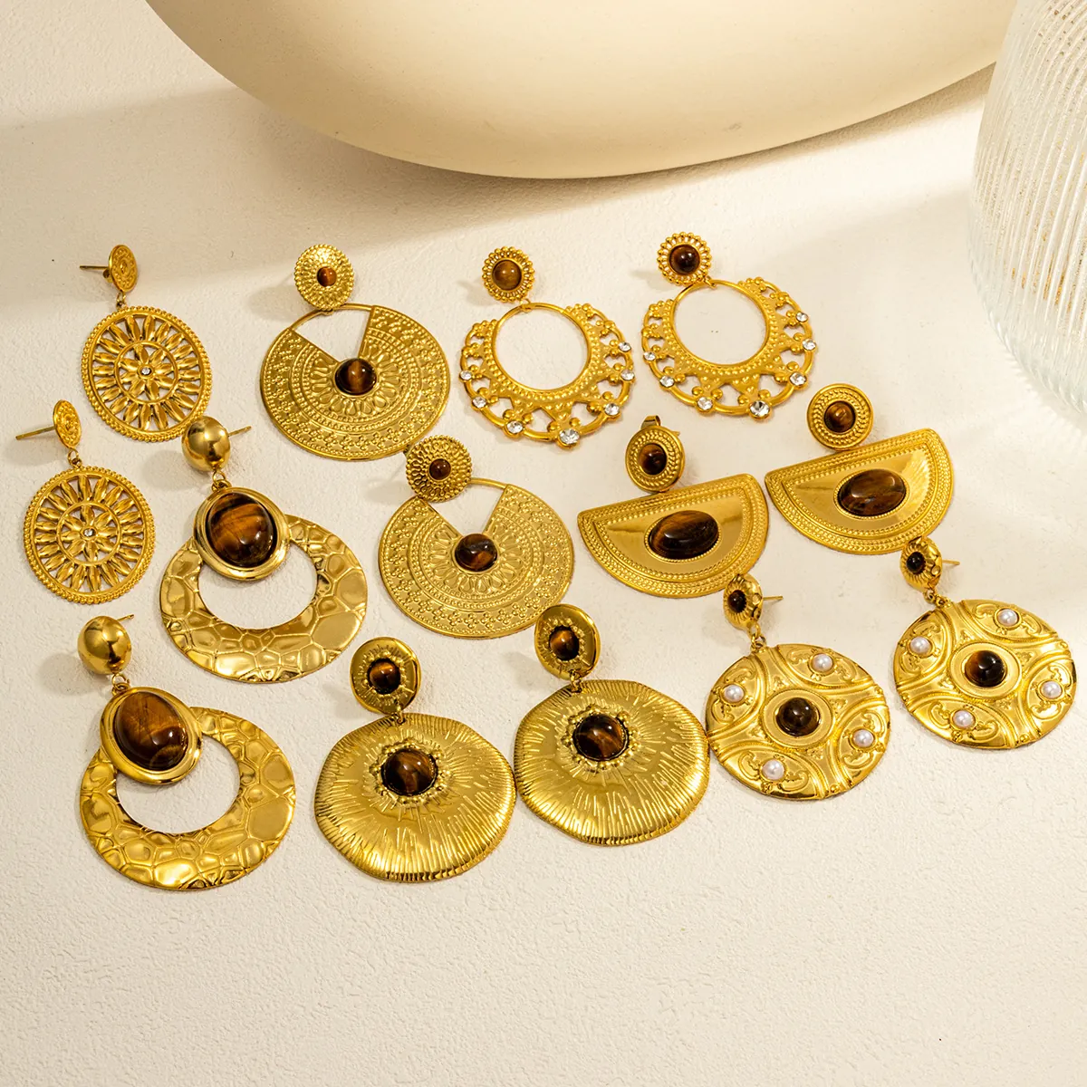Vintage Bohemian Drop Earrings Women Gold Plated Titanium Steel Tiger Eye Stone With Stainless Steel Earring Post