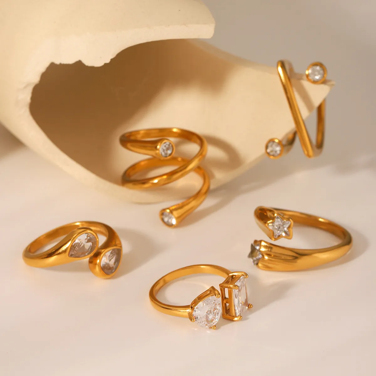 Geometric Zirconia Ring 18K Gold Plated Stainless Steel Adjustable Opening High Quality Trendy Jewelry For Women