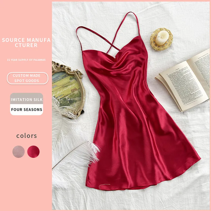 Women Satin Nightgown Cowl Neck Imitation Satin Sleepwear Sexy Cross Backless Mini Sleep Dress