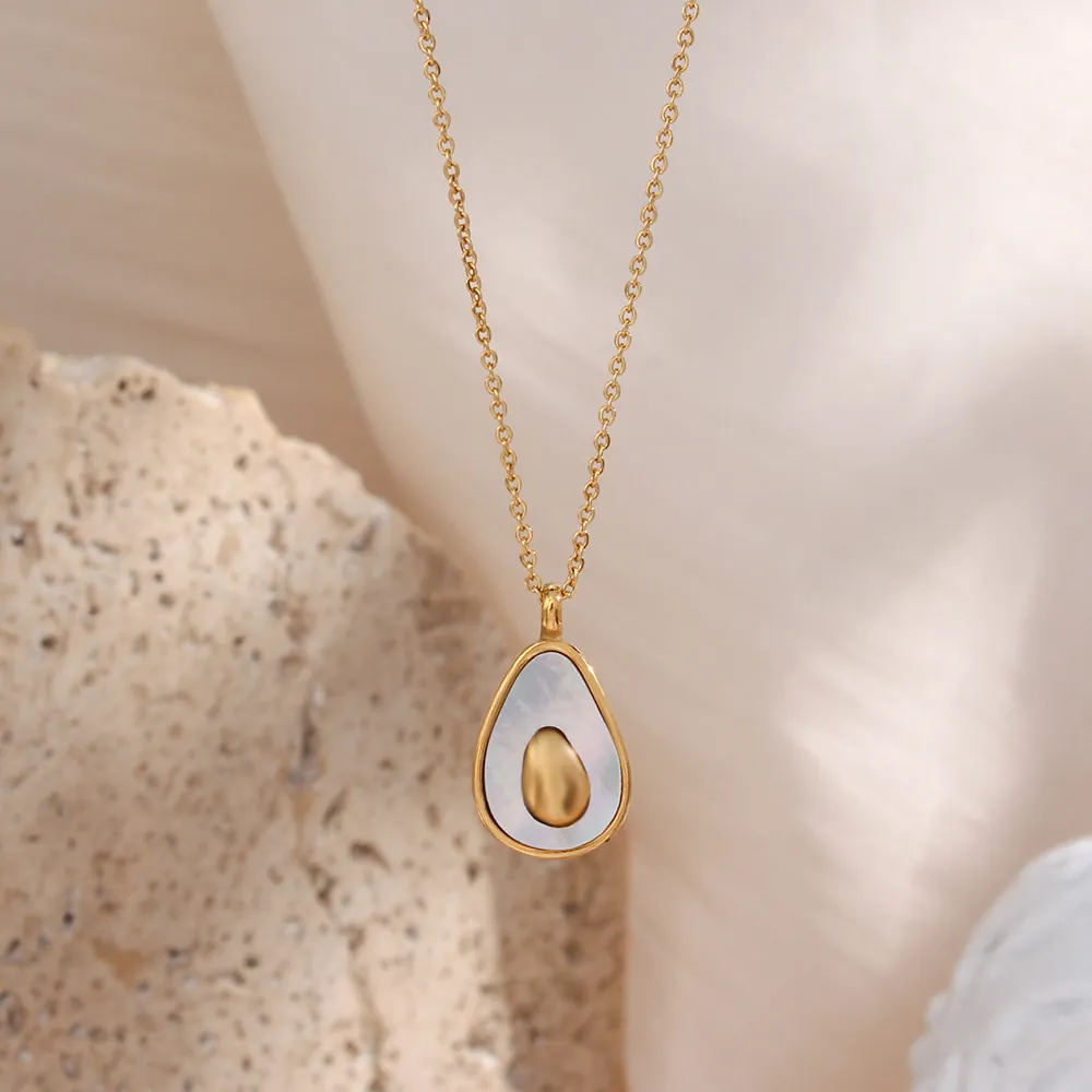 Avocado Pendant Necklace Stainless Steel With Mother Of Artificial Pearl Minimalist Chic Jewelry For Women