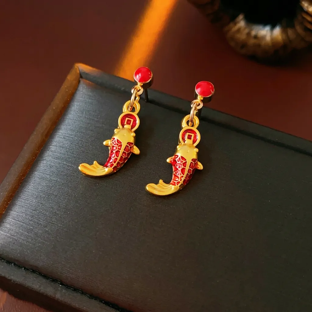 Boucles Oreilles Pendantes Carpe Koi Avec Silver Earring Post Alliage Émail Rouge Or Style Chinois Bijoux Élégants
