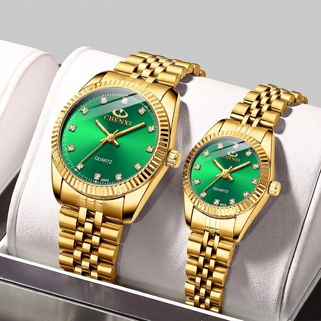 Gold Quartz Watch Stainless Steel Strap Rhinestone Dial Waterproof Business Luxury Wristwatch For Men Women