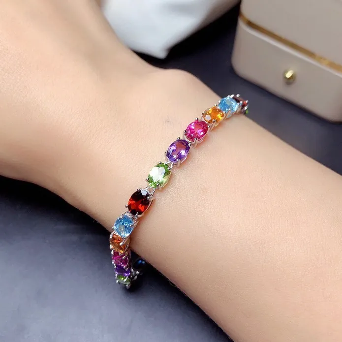 Bracciale Tennis Con Gemme Arcobaleno Multicolore Taglio Ovale Placcato Argento Gioielli Regolabili Per Donna Elegante