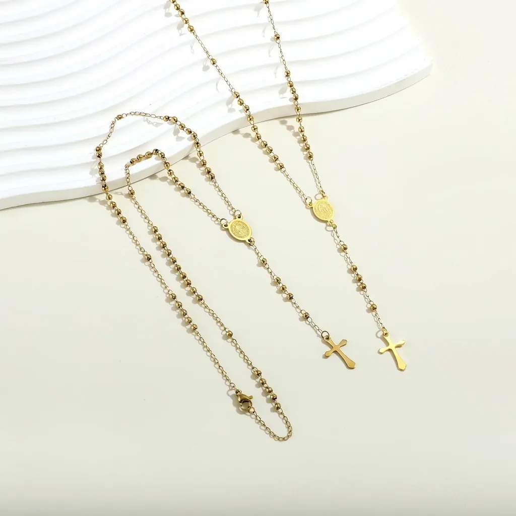 Stainless Steel Gold Plated Rosary Necklace Religious Cross Virgin Mary Medal Pendant Jewelry For Men Women Polished