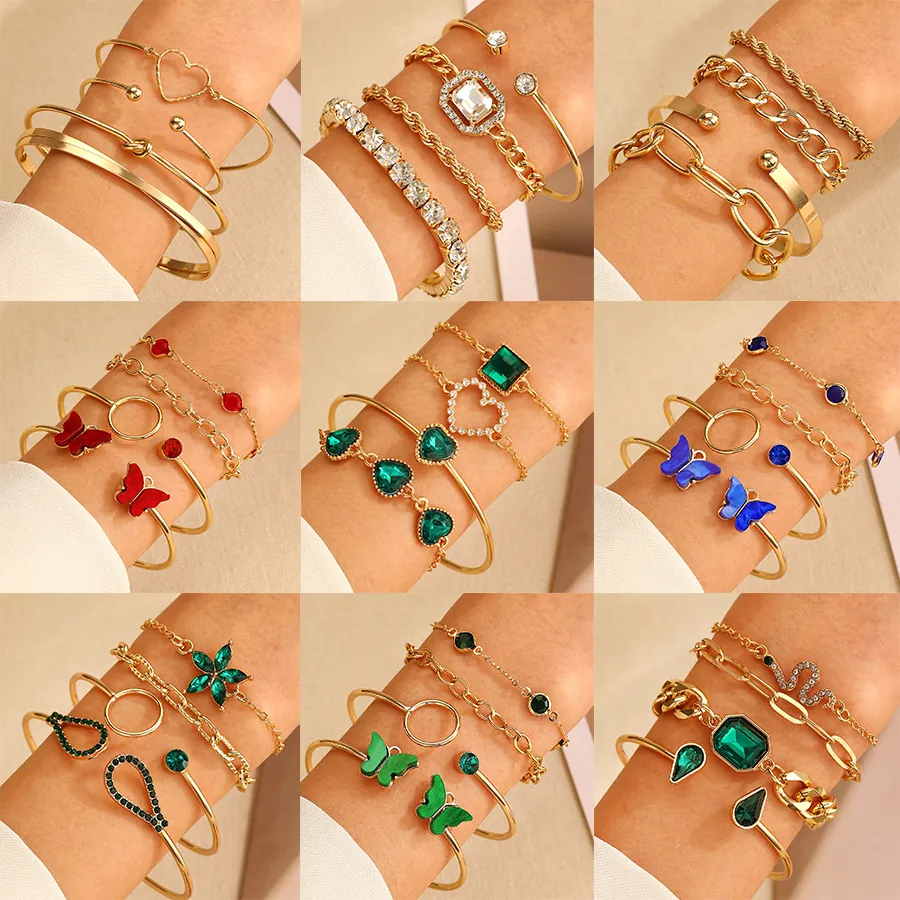 Fashion Stackable Bracelets For Women Bohemian Alloy Bangle With Rhinestone Heart Butterfly Pendant Jewelry Collection